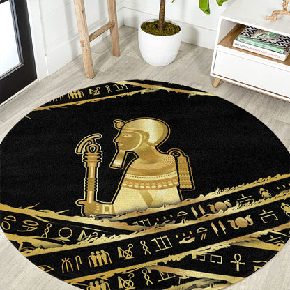 Egyptian God Ptah Round Carpet Gold Mummy Wrap Hieroglyphics Patterns