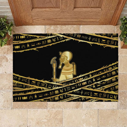 Egyptian God Ptah Rubber Doormat Gold Mummy Wrap Hieroglyphics Patterns