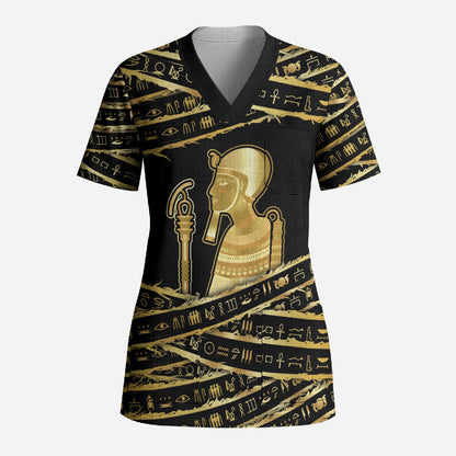 Egyptian God Ptah Scrub Top Gold Mummy Wrap Hieroglyphics Patterns