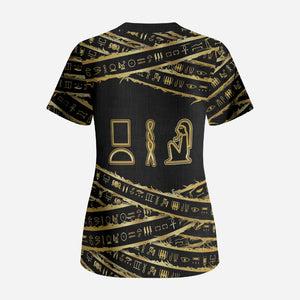 Egyptian God Ptah Scrub Top Gold Mummy Wrap Hieroglyphics Patterns