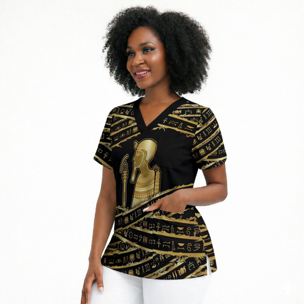 Egyptian God Ptah Scrub Top Gold Mummy Wrap Hieroglyphics Patterns