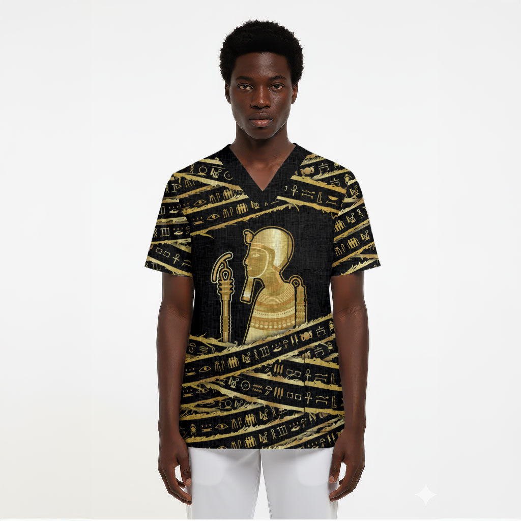 Egyptian God Ptah Scrub Top Gold Mummy Wrap Hieroglyphics Patterns