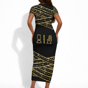 Egyptian God Ptah Short Sleeve Bodycon Dress Gold Mummy Wrap Hieroglyphics Patterns