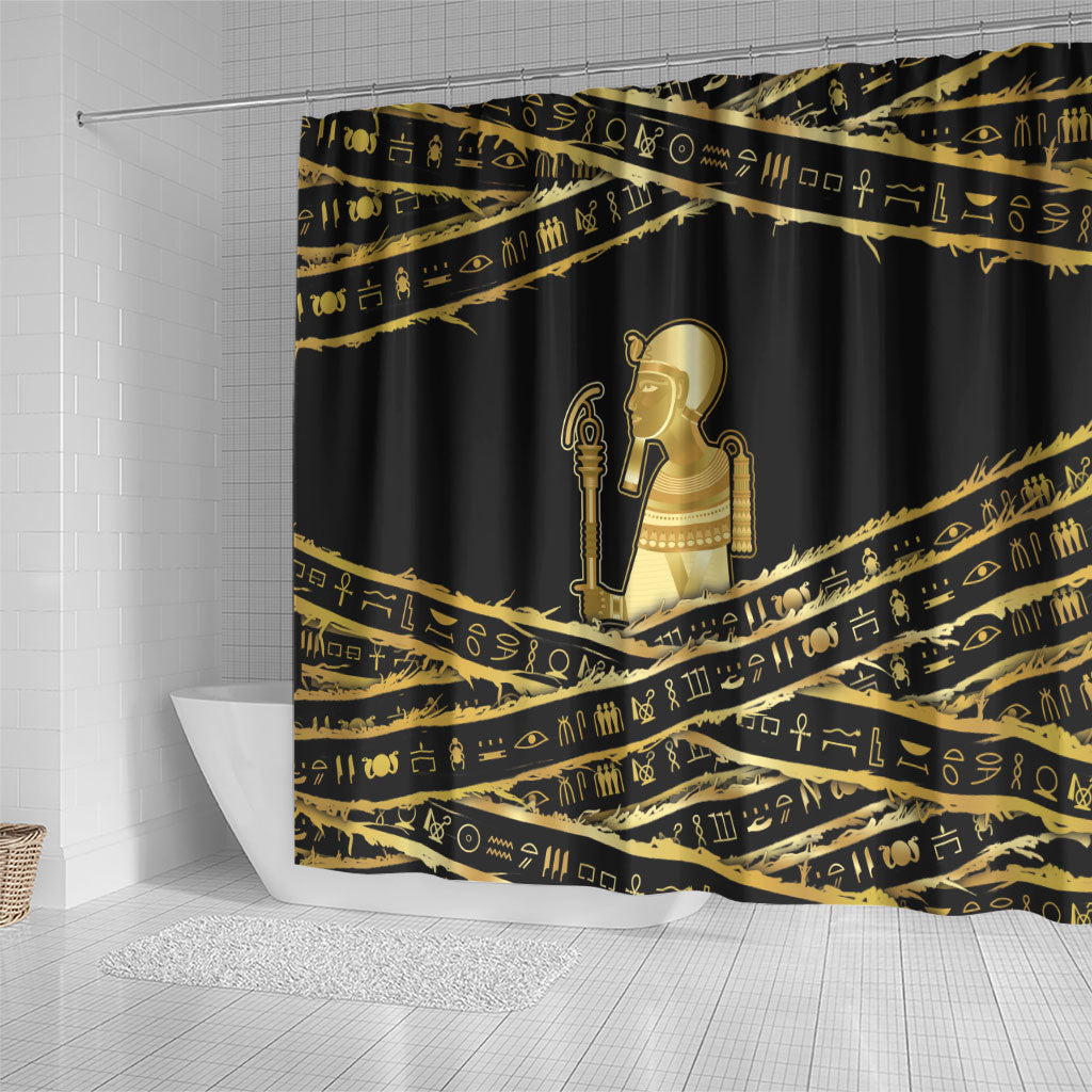 Egyptian God Ptah Shower Curtain Gold Mummy Wrap Hieroglyphics Patterns