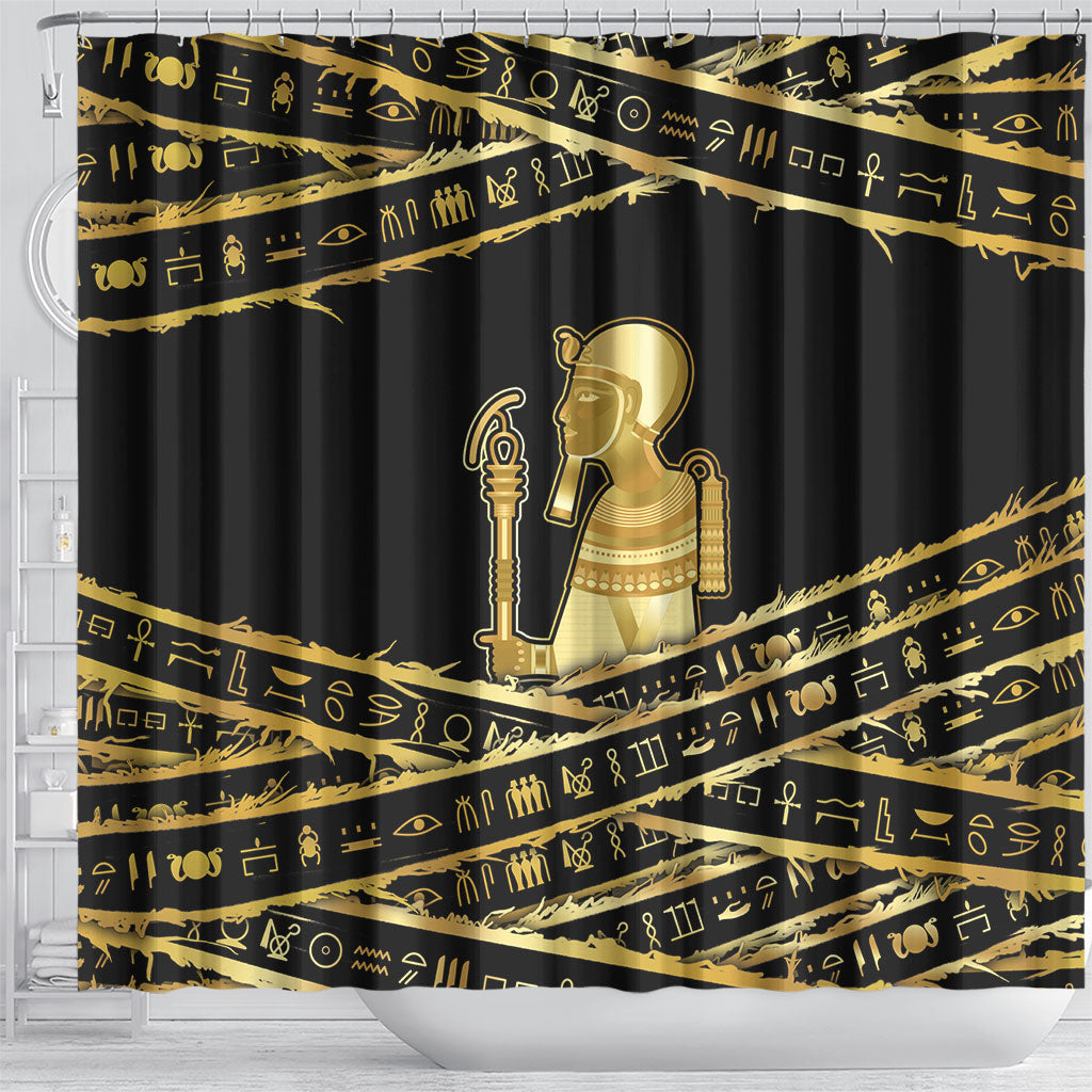 Egyptian God Ptah Shower Curtain Gold Mummy Wrap Hieroglyphics Patterns