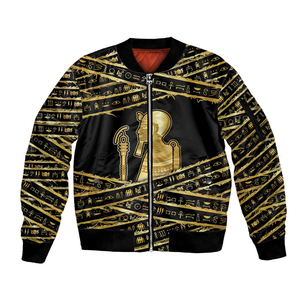 Egyptian God Ptah Sleeve Zip Bomber Jacket Gold Mummy Wrap Hieroglyphics Patterns
