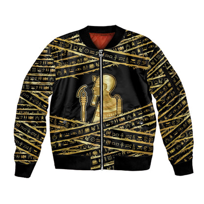 Egyptian God Ptah Sleeve Zip Bomber Jacket Gold Mummy Wrap Hieroglyphics Patterns