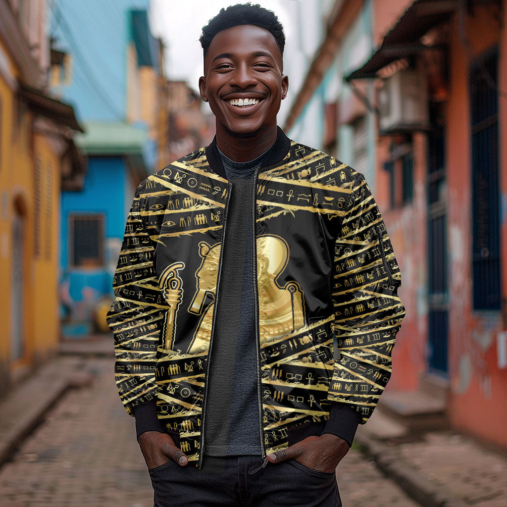Egyptian God Ptah Sleeve Zip Bomber Jacket Gold Mummy Wrap Hieroglyphics Patterns