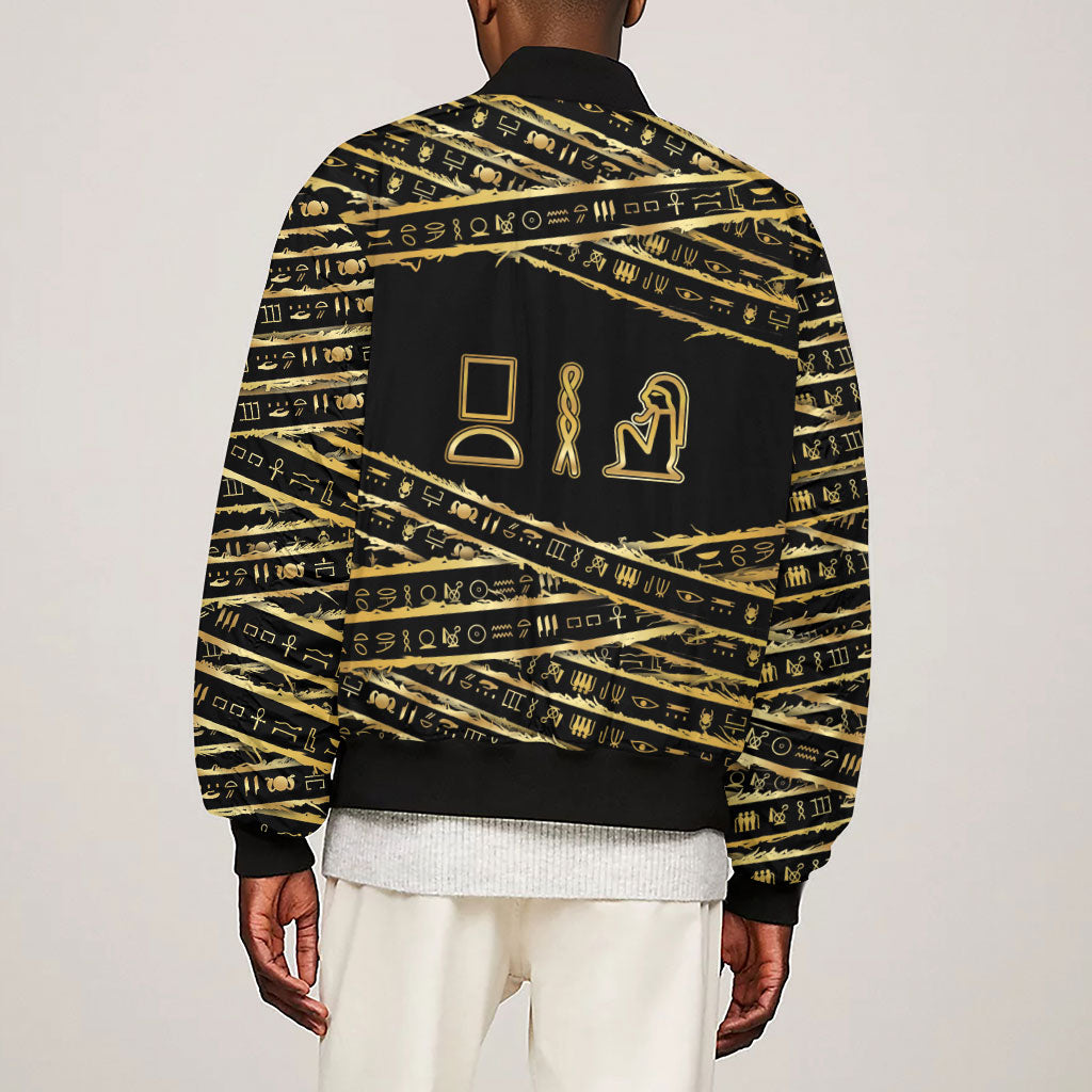 Egyptian God Ptah Sleeve Zip Bomber Jacket Gold Mummy Wrap Hieroglyphics Patterns