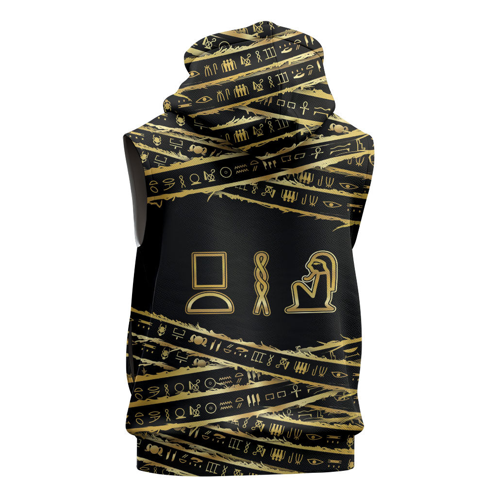 Egyptian God Ptah Sleeveless Hoodie Gold Mummy Wrap Hieroglyphics Patterns