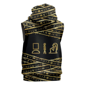 Egyptian God Ptah Sleeveless Hoodie Gold Mummy Wrap Hieroglyphics Patterns