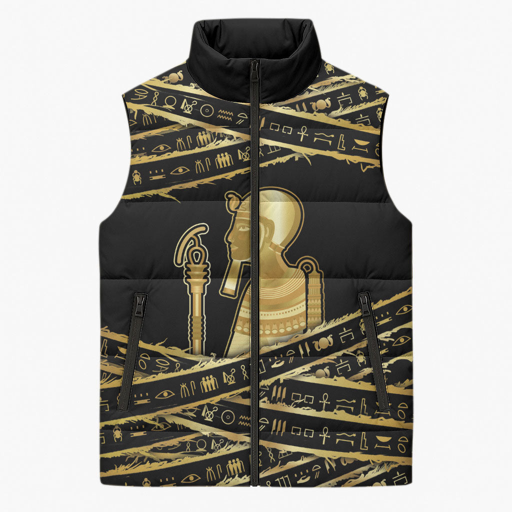 Egyptian God Ptah Sleeveless Puffer Jacket Gold Mummy Wrap Hieroglyphics Patterns