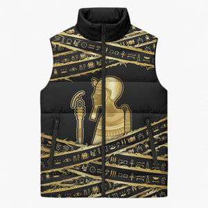Egyptian God Ptah Sleeveless Puffer Jacket Gold Mummy Wrap Hieroglyphics Patterns
