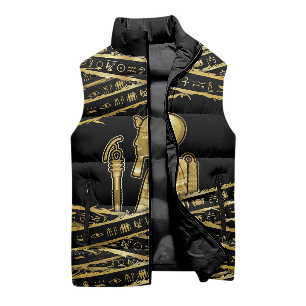 Egyptian God Ptah Sleeveless Puffer Jacket Gold Mummy Wrap Hieroglyphics Patterns