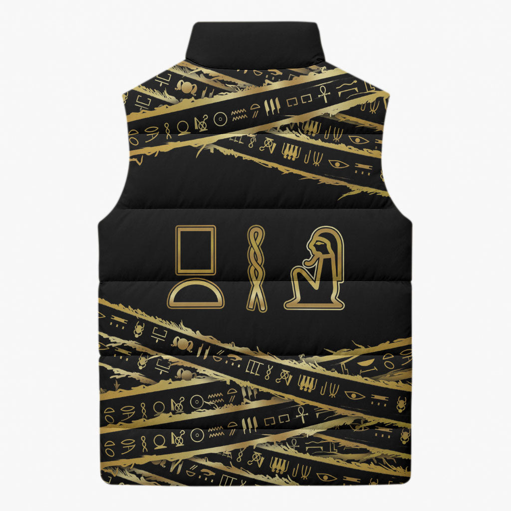 Egyptian God Ptah Sleeveless Puffer Jacket Gold Mummy Wrap Hieroglyphics Patterns