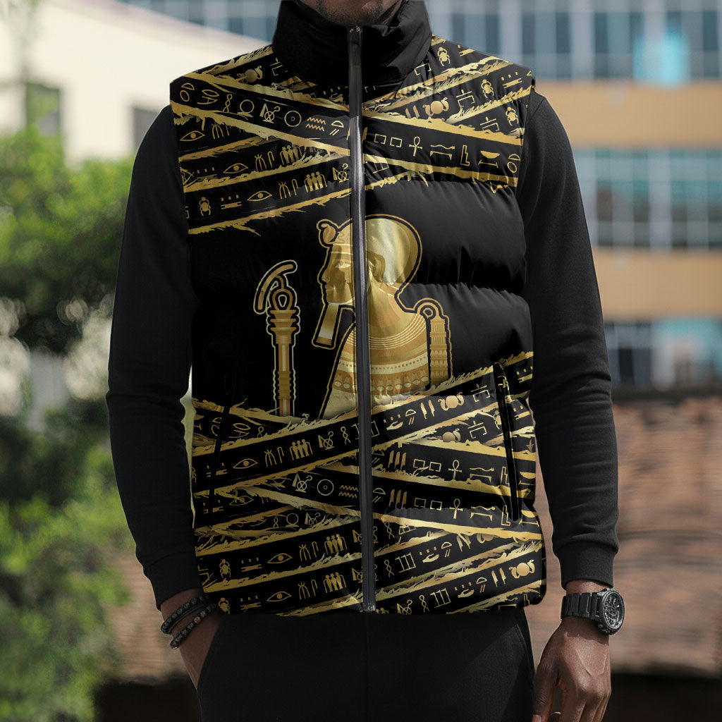 Egyptian God Ptah Sleeveless Puffer Jacket Gold Mummy Wrap Hieroglyphics Patterns