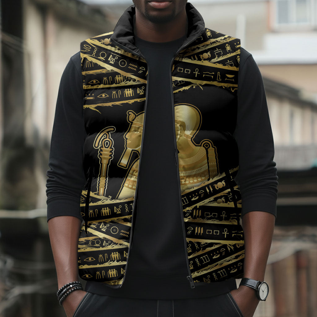 Egyptian God Ptah Sleeveless Puffer Jacket Gold Mummy Wrap Hieroglyphics Patterns