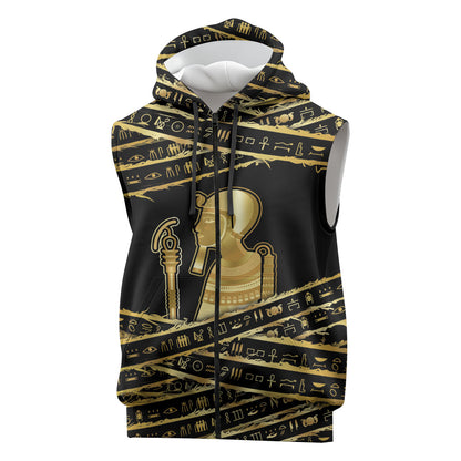 Egyptian God Ptah Sleeveless Zip Hoodie Gold Mummy Wrap Hieroglyphics Patterns
