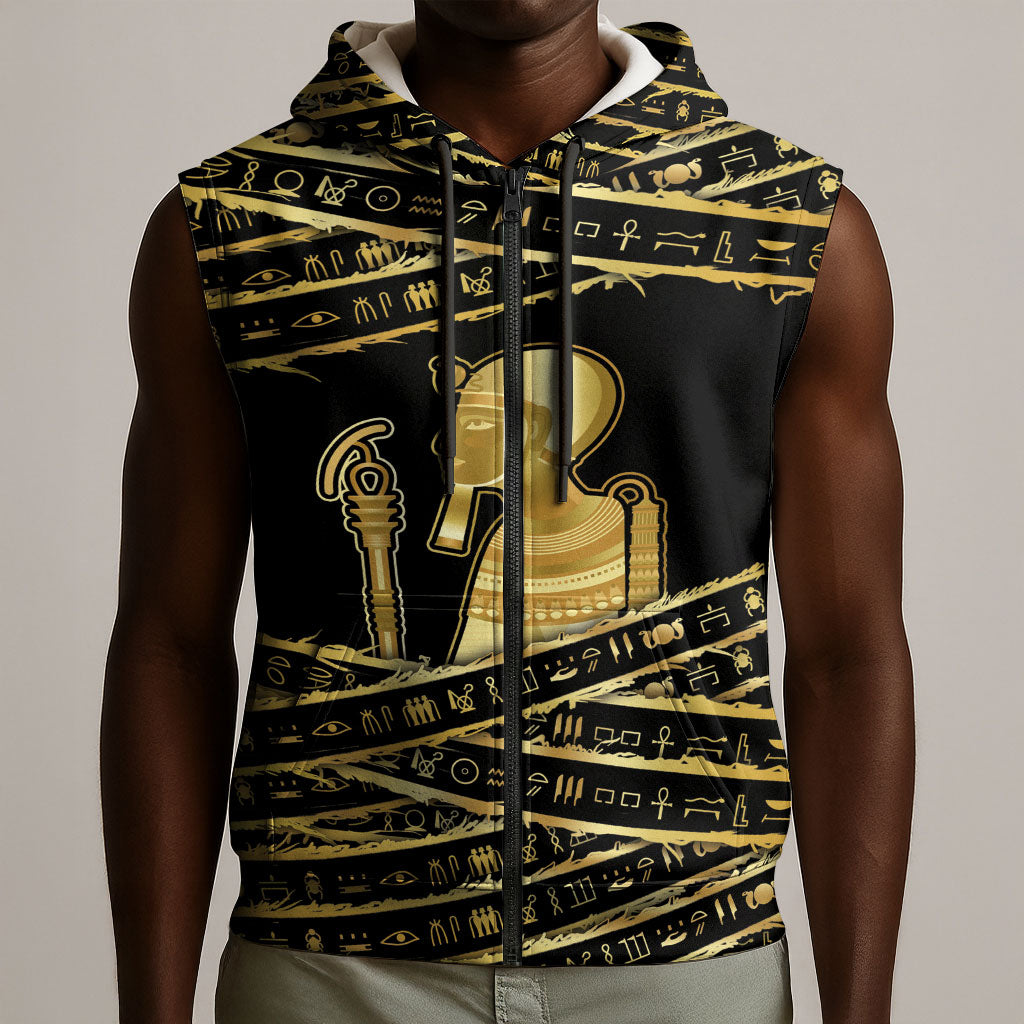 Egyptian God Ptah Sleeveless Zip Hoodie Gold Mummy Wrap Hieroglyphics Patterns