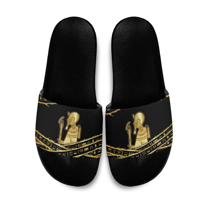 Egyptian God Ptah Slide Sandals Gold Mummy Wrap Hieroglyphics Patterns