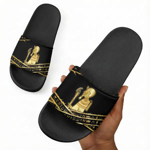 Egyptian God Ptah Slide Sandals Gold Mummy Wrap Hieroglyphics Patterns