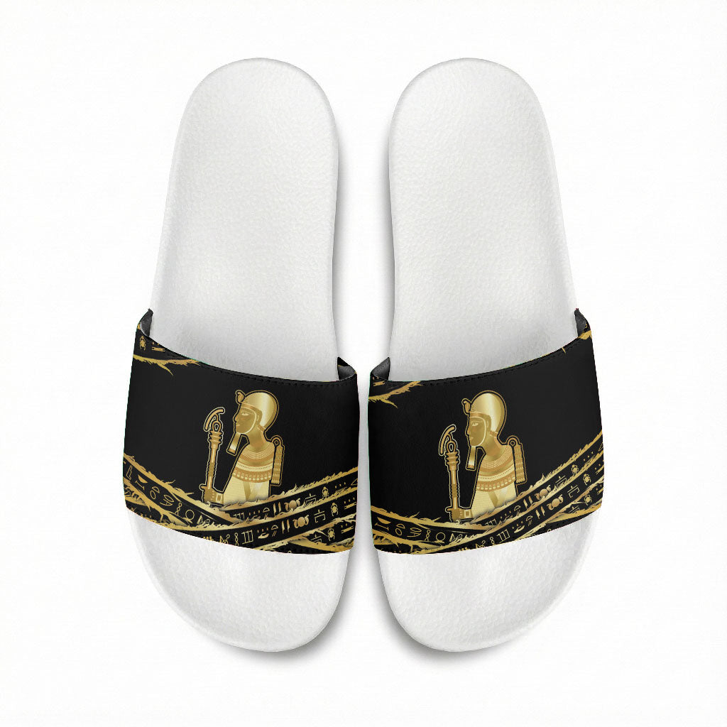 Egyptian God Ptah Slide Sandals Gold Mummy Wrap Hieroglyphics Patterns
