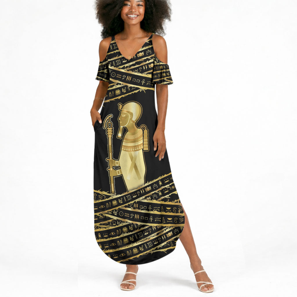 Egyptian God Ptah Summer Maxi Dress Gold Mummy Wrap Hieroglyphics Patterns