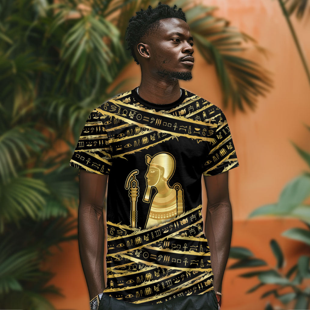 Egyptian God Ptah T shirt Gold Mummy Wrap Hieroglyphics Patterns