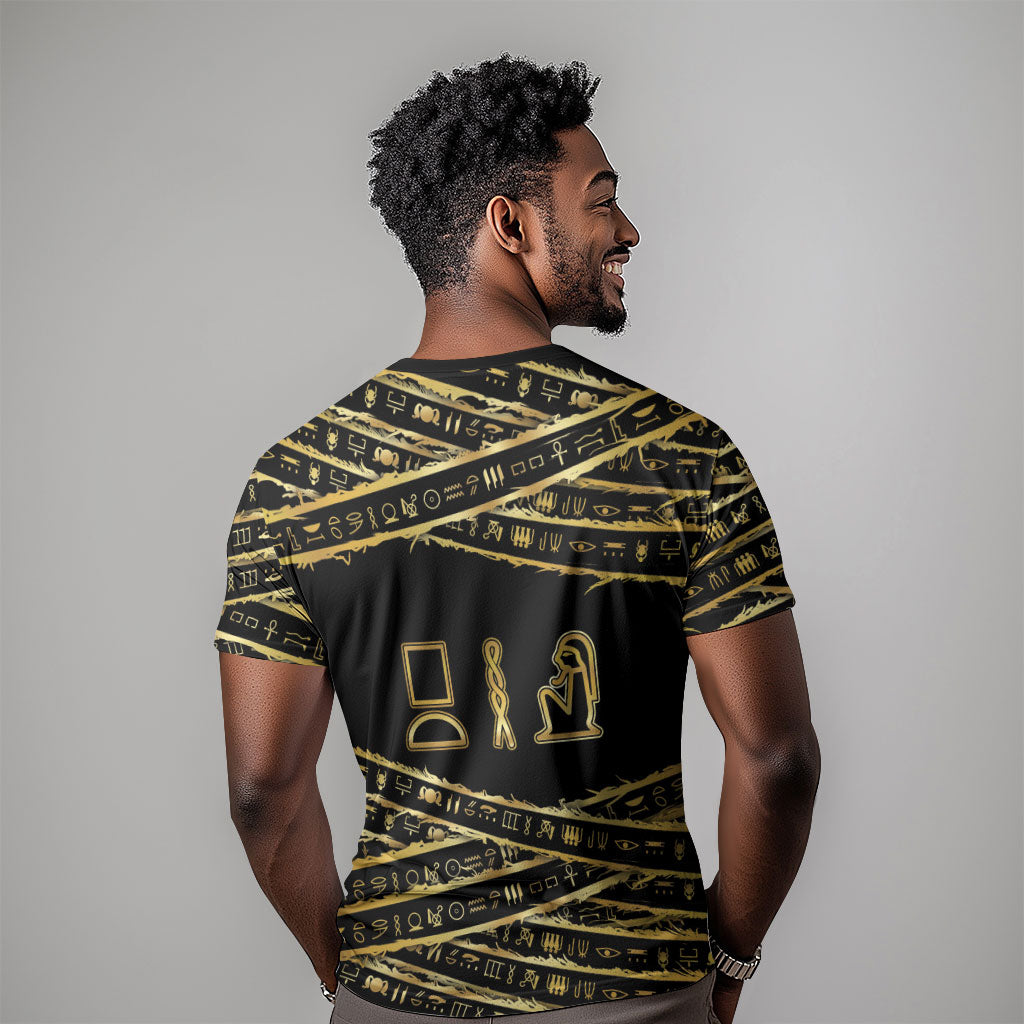 Egyptian God Ptah T shirt Gold Mummy Wrap Hieroglyphics Patterns