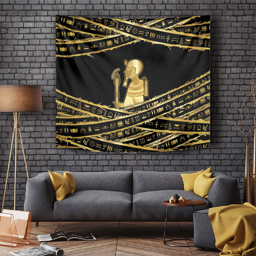 Egyptian God Ptah Tapestry Gold Mummy Wrap Hieroglyphics Patterns