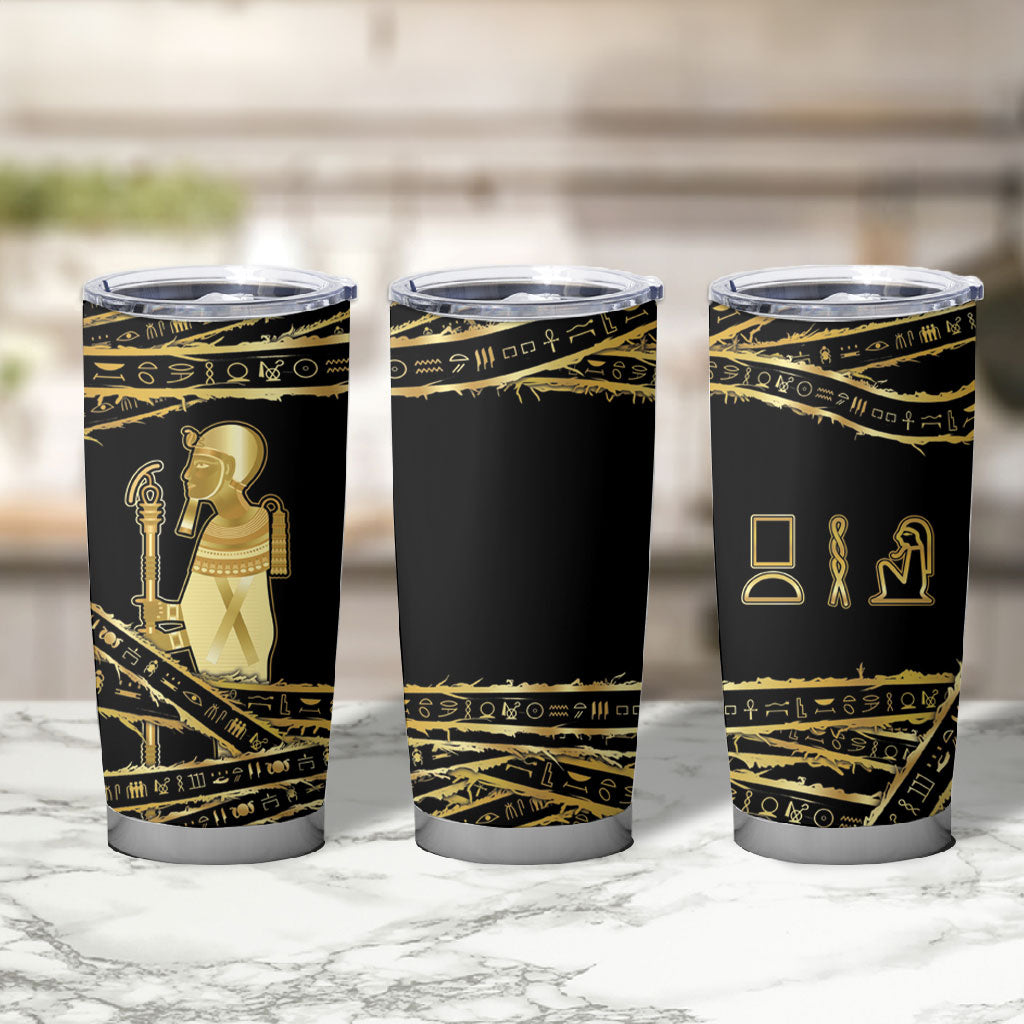 Egyptian God Ptah Tumbler Cup Gold Mummy Wrap Hieroglyphics Patterns