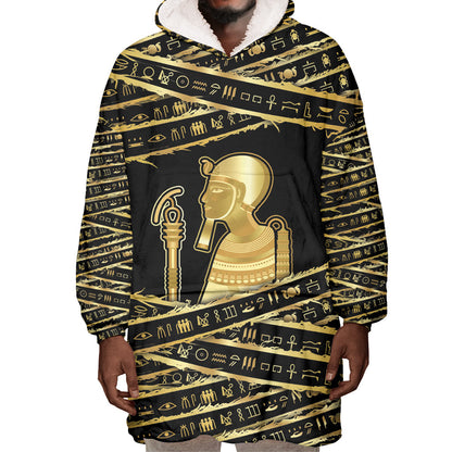 Egyptian God Ptah Wearable Blanket Hoodie Gold Mummy Wrap Hieroglyphics Patterns