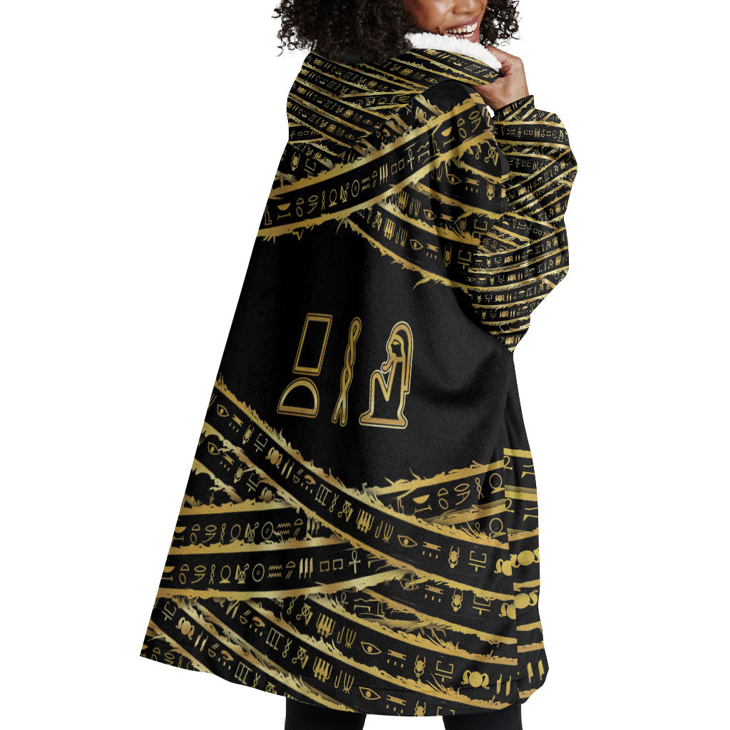 Egyptian God Ptah Wearable Blanket Hoodie Gold Mummy Wrap Hieroglyphics Patterns
