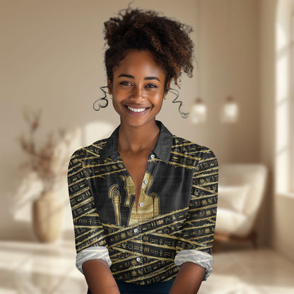 Egyptian God Ptah Women Casual Shirt Gold Mummy Wrap Hieroglyphics Patterns