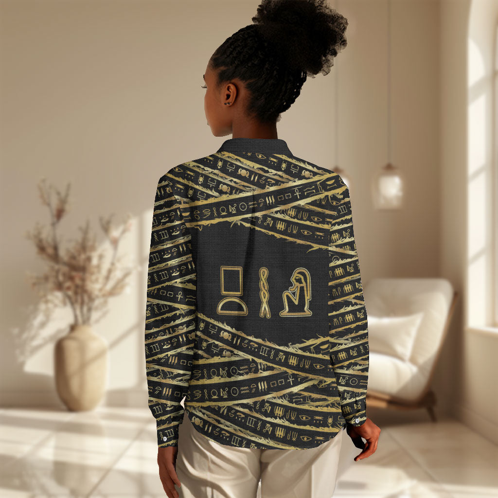 Egyptian God Ptah Women Casual Shirt Gold Mummy Wrap Hieroglyphics Patterns