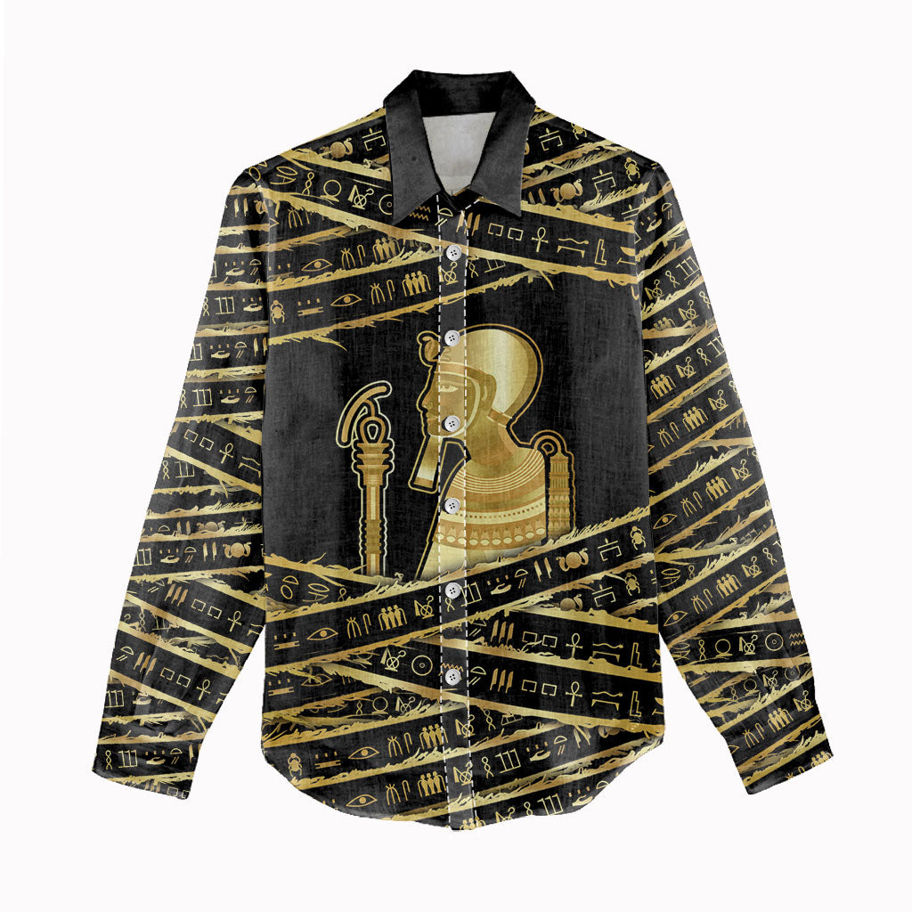 Egyptian God Ptah Women Casual Shirt Gold Mummy Wrap Hieroglyphics Patterns