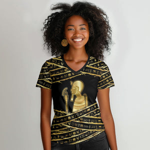 Egyptian God Ptah Women V-Neck T-Shirt Gold Mummy Wrap Hieroglyphics Patterns