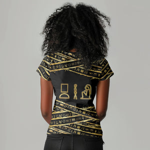 Egyptian God Ptah Women V-Neck T-Shirt Gold Mummy Wrap Hieroglyphics Patterns