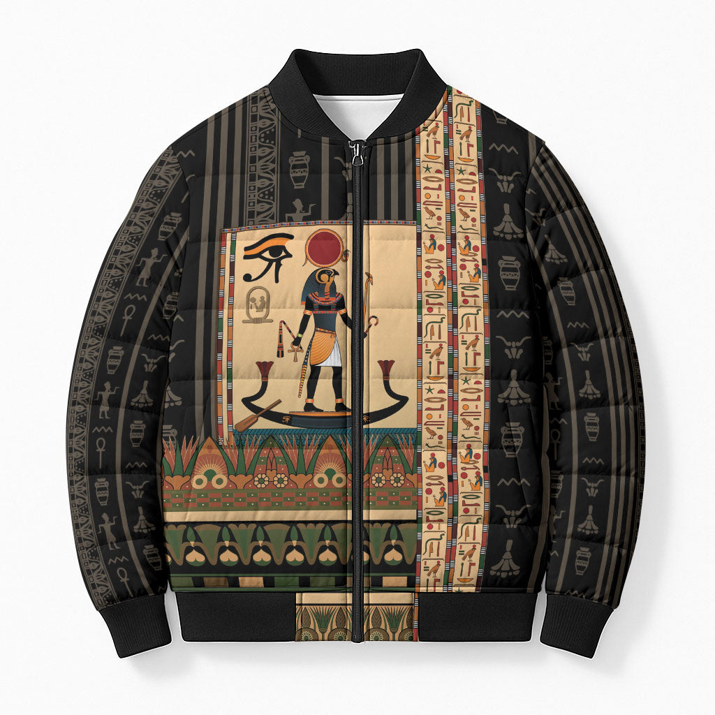 Egyptian God Ra Bomber Puffer Jacket Ancient Mythology Solar Barque Falcon