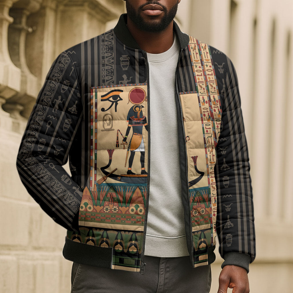 Egyptian God Ra Bomber Puffer Jacket Ancient Mythology Solar Barque Falcon