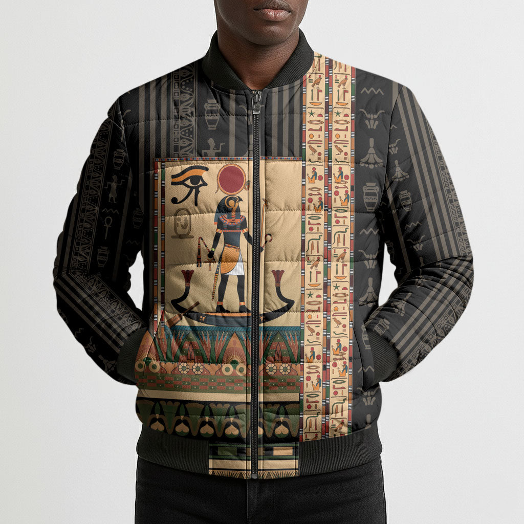 Egyptian God Ra Bomber Puffer Jacket Ancient Mythology Solar Barque Falcon