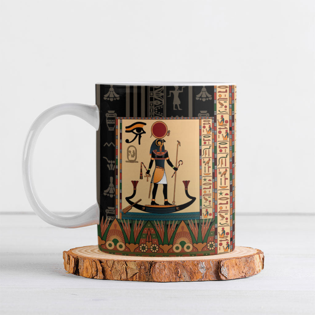 Egyptian God Ra Ceramic Mug Ancient Mythology Solar Barque Falcon