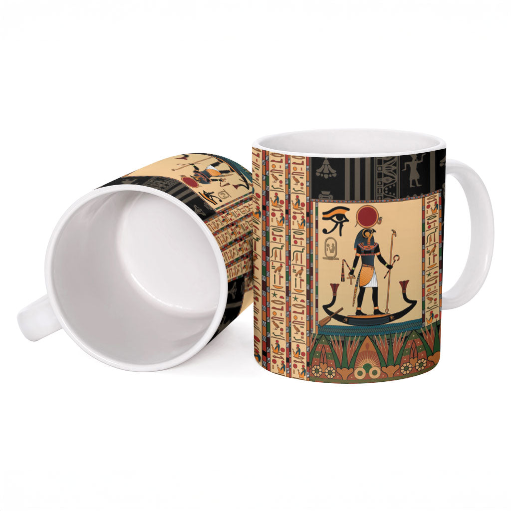 Egyptian God Ra Ceramic Mug Ancient Mythology Solar Barque Falcon