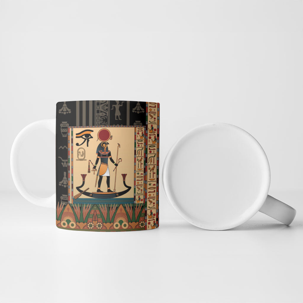 Egyptian God Ra Ceramic Mug Ancient Mythology Solar Barque Falcon