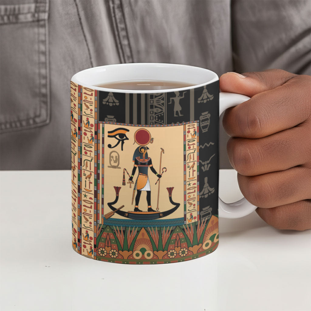 Egyptian God Ra Ceramic Mug Ancient Mythology Solar Barque Falcon