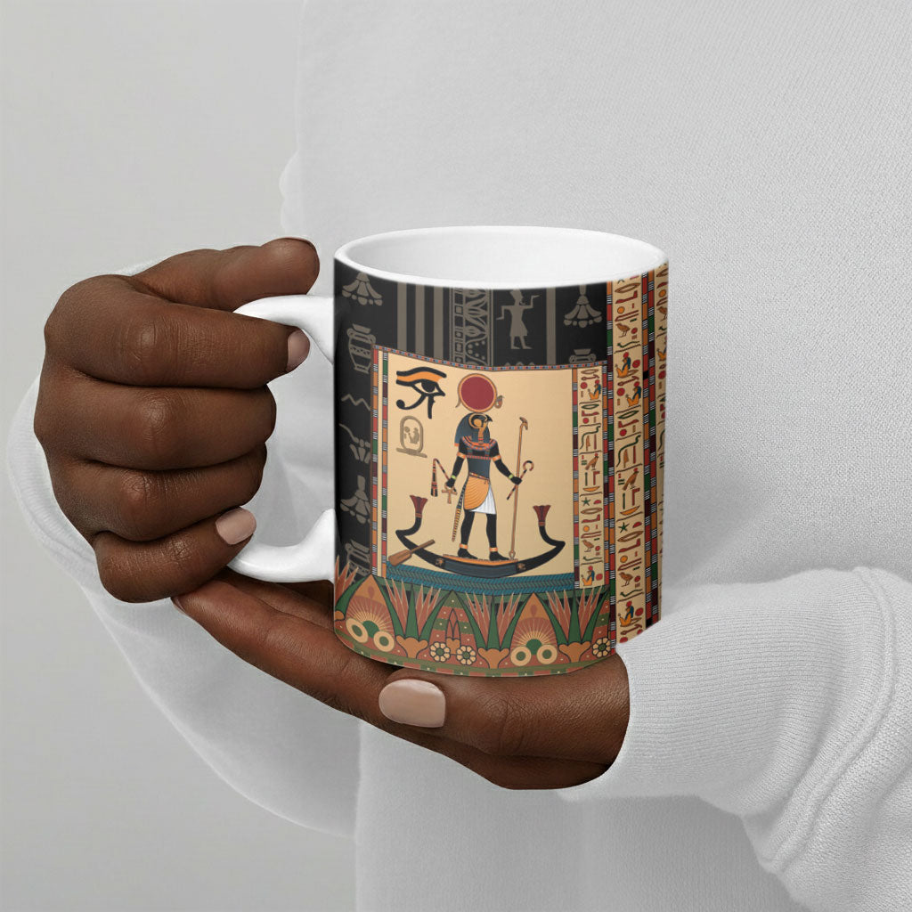 Egyptian God Ra Ceramic Mug Ancient Mythology Solar Barque Falcon