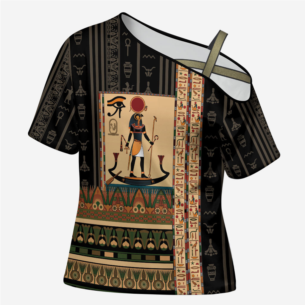 Egyptian God Ra Cross Shoulder Shirt Ancient Mythology Solar Barque Falcon