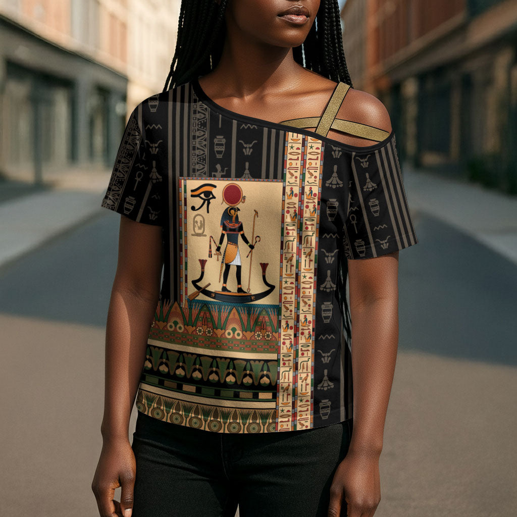 Egyptian God Ra Cross Shoulder Shirt Ancient Mythology Solar Barque Falcon