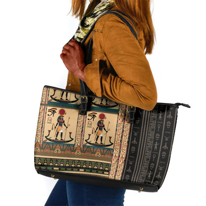 Egyptian God Ra Leather Tote Bag Ancient Mythology Solar Barque Falcon
