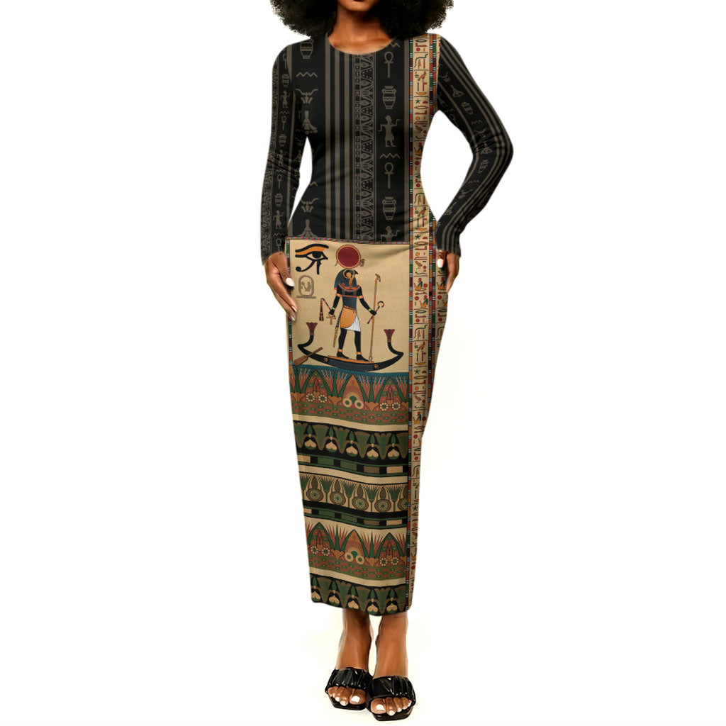 Egyptian God Ra Long Sleeve Bodycon Dress Ancient Mythology Solar Barque Falcon